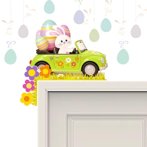 KASESSS Türrahmen Deko Ostern, Lustige Osterdeko Tür, Osterdekoration Holz, Kaninchen Fährt Auto mit Ostereiern Türdeko mit Rundaufkleber für Tür, Fenster, Kamin Festival Ornament Home Decor