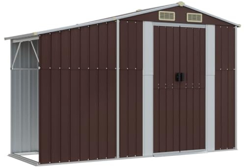 Abri de jardin marron 277 x 93 x 179 cm en acier zingué, abri à outils extérieur avec porte à bois et 2 prises d'air, rangement en métal pour outils de jardin