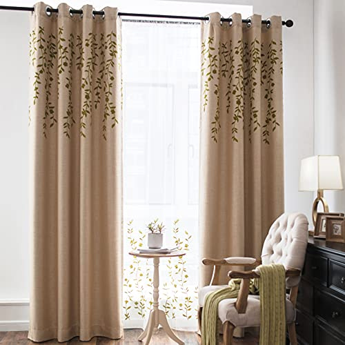 Melodieux Flower Embroidery Linen Blackout Curtains for Living Room Bedroom Silver Grommet Window Drape, Beige/Green, 52 by 96 Inch (1 Panel)