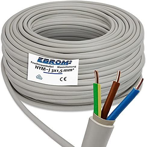EBROM NYM-J 3 x 1,5 mm² - Cable de instalación - Cable de revestimiento - Cable para ambientes húmedos - Línea de instalación - Gris - Gran selección de cantidad en incrementos de 1 metro - 3 x 1,5