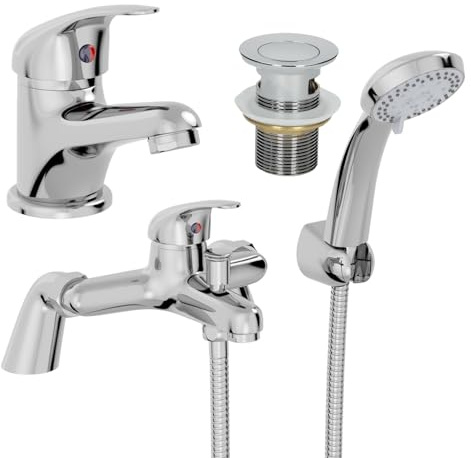 Architeckt® Essentials Bathroom Bath Shower Mixer Tap and Basin Tap Set with Waste Deck Mounted Round Lever Handle Modern, Chrome