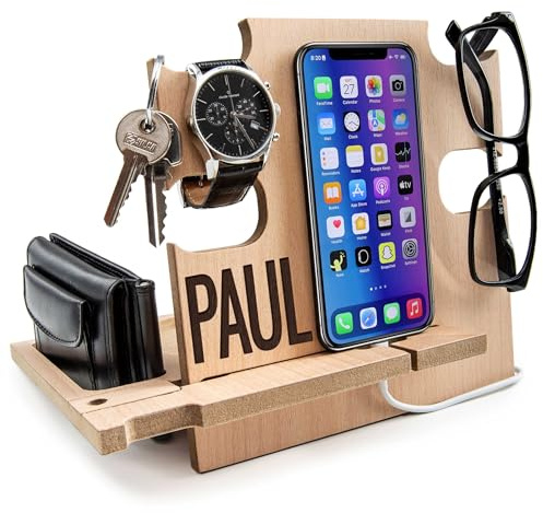 Greta Oto Docking Station in Legno Organizzatore da Scrivania per Lui Supporto Smartphone Idea Regalo per Uomo Personalizzato Svuotatasche da Ingresso San Valentino Regali Natale per Uomini