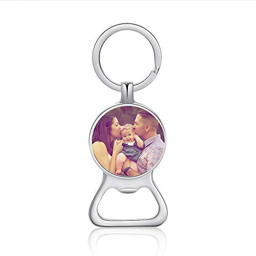 Personnalisé Sterling Argent Photo Porte-clés Douane Bouteille Ouvreur Porte-clés pour Hommes Papa Papy Porte-clés Gravé Texte Bière Ouvreur Petit ami Idée Cadeau pour Lui Père journée Amour Cadeau