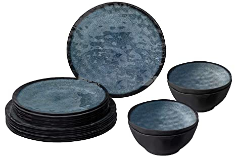 BRUNNER Set de vaisselle de camping (lot de 12 pièces) pour 4 personnes - Midday Venetian - en mélamine Stone Touch de haute qualité, antidérapant et résistant