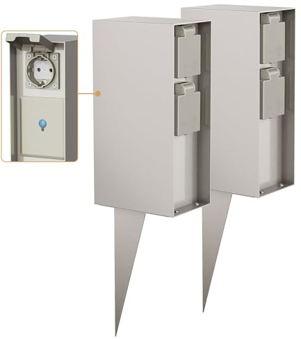 ledscom.de 2x Garten-Steckdosensäule POMI mit Erdspieß für außen, IP44, Smart Home, WLAN, Alexa, 3-fach, edelstahl, eckig, 23cm
