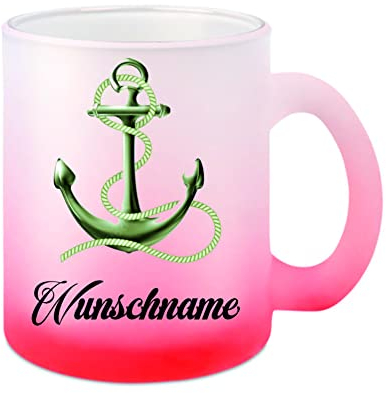 Glas-Tasse weiß/rot Ankermotiv mit Wunschname Kaffeetasse, Teetasse, Glühweintasse, Glas satiniert mit Farbverlauf