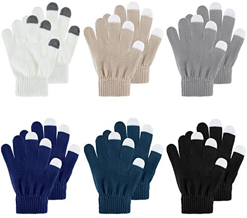 SATINIOR 6 Paar Kinder Gestrickte Fäustlinge Dehnbare Vollfinger Strickhandschuhe für Kinder Jungen Mädchen (Kühle Farben, 5-12 Jahre)