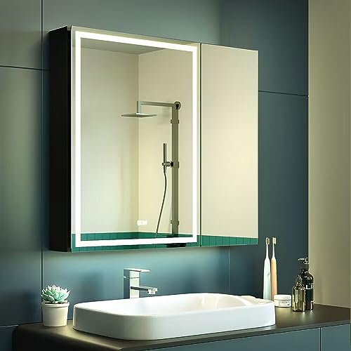 KWW 75 x 70 cm Gabinete de Baño Iluminado LED de Doble Puerta, con Espejo, Temperatura de Color Ajustable, Luz Antiniebla, Enchufe y USB, Fácil de Instalar