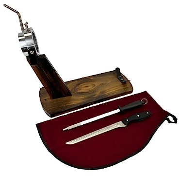 Nerthus FIH 1217 Drehkopf + Schinkenabdeckung Bordeaux + Handschärfer + Schinkenmesser schinkenhalter, Holz Edelstahl, Burgunderrot