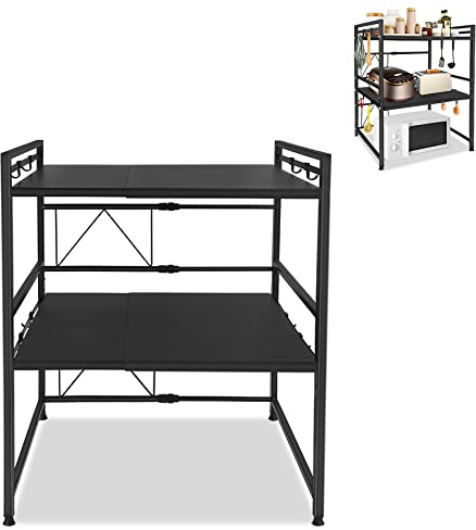 Froadp 3 Stufiges Mikrowellen Regal Erweiterbares Mikrowellenständer mit 8 Haken Metall Mikrowellenhalter Küchenregal Bäckerregale Mini Backofen Halterung Aufbewahrungsständer für Küche