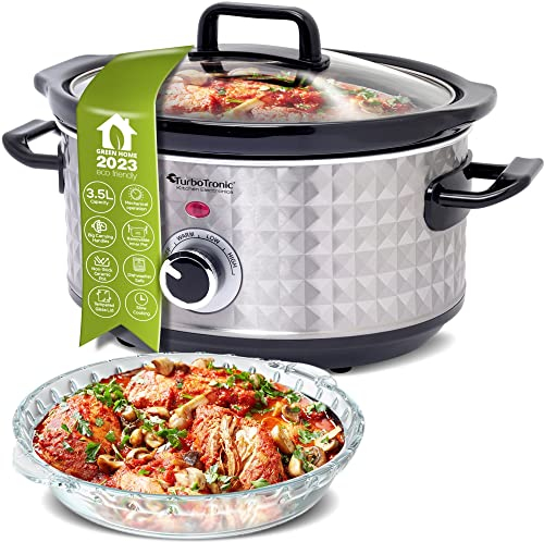 TurboTronic Slowcooker 3,5 Liter Schongarer mit Anbratfunktion & Warmhaltefunktion Langsamkocher Dampfgarer Schmortopf Gartopf Sous Vide Garer Retro Vintage Design Slow Cooker mit retro Rautenmuster