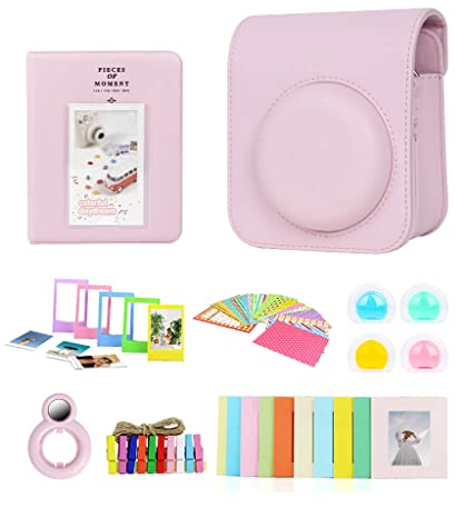 Berfea Étui Housse de Protection pour Appareil Photo Compatible avec Fujifilm Instax Mini 12 - avec Sac à bandoulière, Album, Autocollants, Filtre coloré, Cadre décoratif Mural, Objectif Selfie, Rose