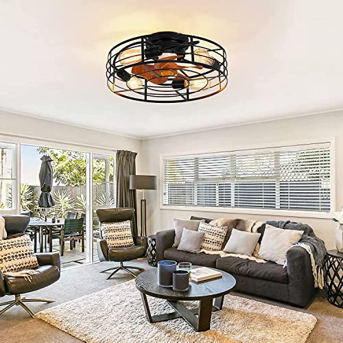 Ventilatori Da Soffitto Silenziosa Con Illuminazione e Telecomando Plafoniera Gabbia in Retrò Fan Ceiling light industrial Vintage Ventilatore da Soffitto con Luce (H 50 * 50 * 19cm E27)
