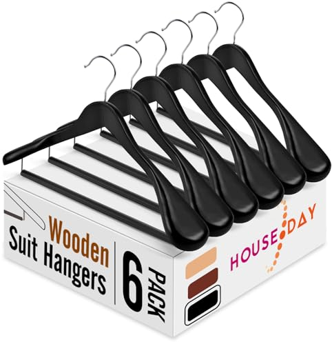 HOUSE DAY 6 Stück Anzugbügel Holz - Kleiderbügel mit Extra Breiten Schultern,rutschfest Anzugbügel,360°Drehbarer Haken Jackenbügel mit Runde Stange,für Hemden/Mäntel/Jacken/Hosen/Anzüge（Schwarz）