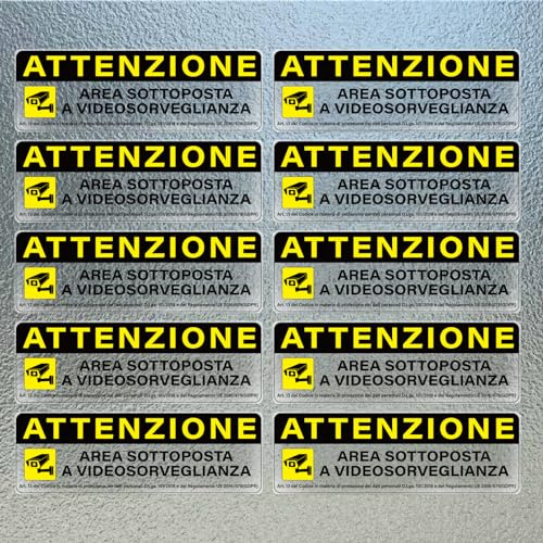 YIKIADA 10 Adesivi Videosorveglianza, Area Videosorvegliata, Segnalo di videosorveglianza Misura 15 x 5 cm in PVC Morbido Laminato, Impermeabile