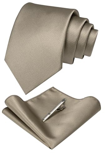 JEMYGINS Seide Krawatte Krawatten und Einstecktuch mit krawattenklammer Set für Herren Seidenkrawatten Hochzeit Schlips Hellbraun