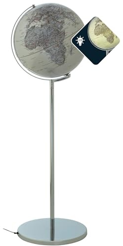 TROIKA Standglobus beleuchtet Ø 43 cm, Höhe 1,32 m SOJUS LIGHT Globus silberfarbene Meere & silberne Landflächen mit Kartenrelief und Licht verchromter Metallfuß weicher Filzboden bewegliche Achse