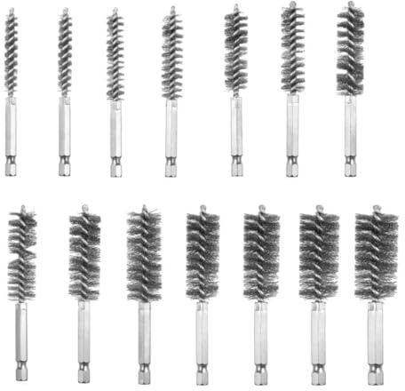 Lot de 14 brosses d'alésage en acier inoxydable avec poignée hexagonale de 6,35 mm, brosse de nettoyage pour tubes et ports, roulements, perceuse électrique, visseuse à percussion