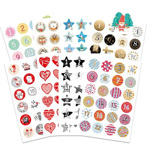 RUIYWEN 8 Blätter Weihnachtsaufkleber Zahlen 1-24 Runde Aufkleber Weihnachten Etiketten für Adventskalender Nummerierten Weihnachtsdekoration (3,8 cm, 192 Aufkleber)