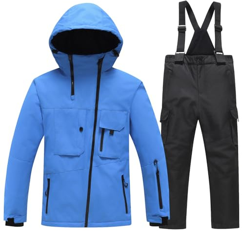 L SERVER Skianzug Jungen mit Kapuze Winddicht und Wasserdichter Schneeanzug Mädchen Skianzug Zweiteilig Kinder Warme Skijacke + Skihose, Königsblau + Schwarz, 122-128