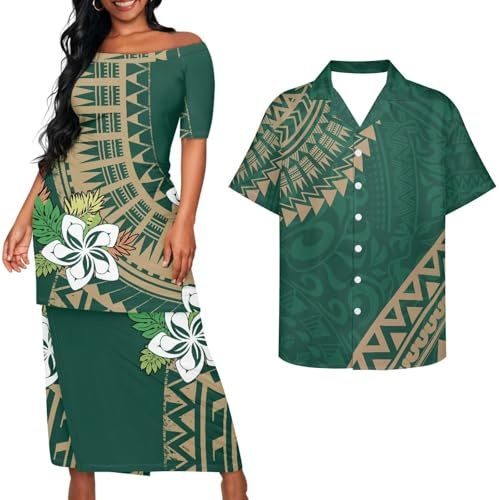 QUJUFOZY Polynesian Dress for Women And Men Puletasi Samoan Traditional Dress Two Piece Sets for Women Polynesian Off Shoulder Maxi Dresses Short Sleeve Hawaiian Dresses for Womens Wedding M