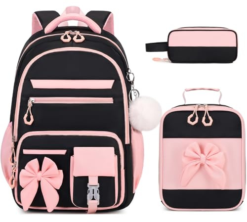DIGOBAY Backpack for Girls, 3PCS Girls Backpack for School with Lunch Bag Pencil Case, Cute Kids Teens Bookbag for Kindergarten Elementary Preschool Middle School (Black-Pink)