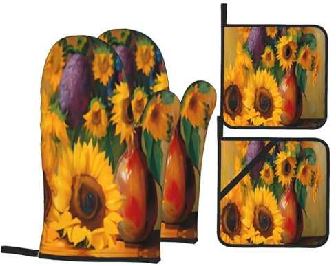 Set di 4 guanti da forno e presine, girasoli gialli, guanti da forno a microonde isolati e guanti da cucina, set di guanti da forno antiscivolo con cuscinetti caldi, per cucinare, cuocere al forno,