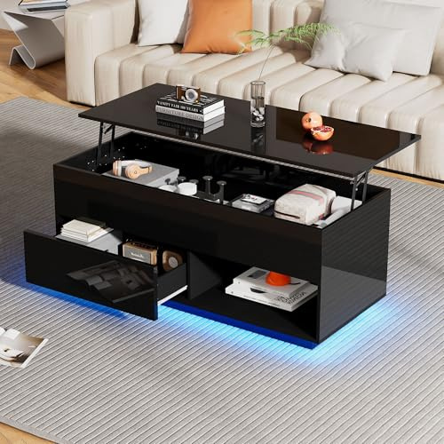 BTM Table Basse Relevable, Table Basse LED avec Rangements Multicouches, Salon, Brillante, Éclairage LED Réglable, Charge de 50kg, 100 x50x55cm, Noir