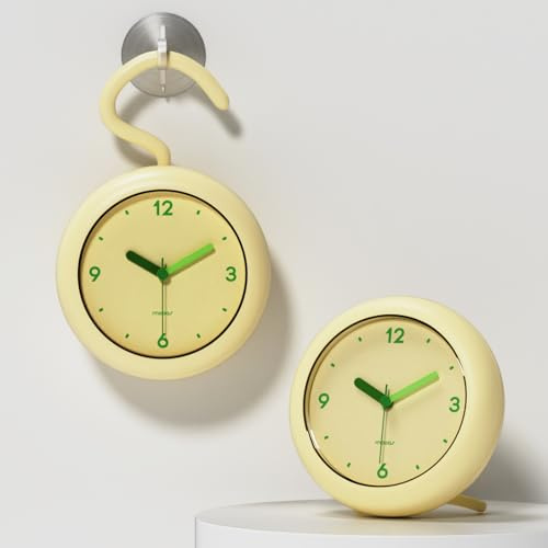 mooas Marshmallow Shower Bathroom Clock, Waterproof Shower Clock, Silent Non-Ticking Battery Operated with Stand, Hook, Suction, Bathroom Kitchen Shower Booth (Cream Yellow)