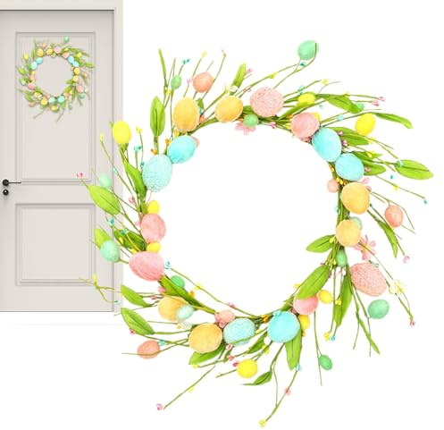 Ostern Türkranz - Künstliche Bunte Eier, Frühlingskranz | Urlaub Tür Dekoration Bunte Eier, Bauernhaus Osterkranz 45 cm/17,72 Zoll für Fenster, Frühlingsferienkranz