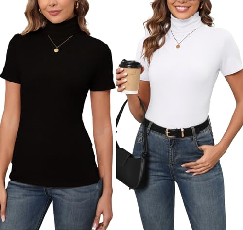 Damtröja med polokrage strumpa lättstickad body kortärmad t-shirt modern smal topp ståkrage baströja ull vintage chic vinter höst vår, Svart + vit, M