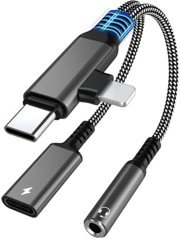 2 in 1 Lighning + USB C auf 3.5mm Kopfhörer Klinke Adapter und Laden, 60W Schnellladung Light-ning Typ C 3,5mm Aux Kopfhörer Adapter Audio HiFi für iPhone 16 15 14 13 Samsung S25 iPad Laptop,Schwarz