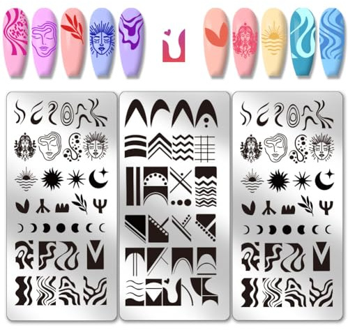 PH PandaHall 3pcs Plaques D'Estampage de Ongles à Pointe French Pochoirs pour Nail Art Géométriques Modèles de Manucure Bohème Pochoir D'Image Ongles de Lune Soleil pour Femmes Salon de Manucure Été