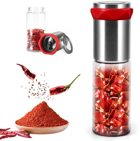 OurLeeme Macinino peperoncino in acciaio inox e vetro, per spezie grossolane e peperoncini secchi, macina spezie, macinaspezie con coperchio protettivo per aromi, 170 ml