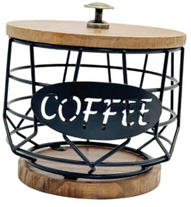 pistro Porta cialde con base in legno, cestino portaoggetti in filo metallico per capsule K-Cup, decorazione salvaspazio per bancone di casa e bar
