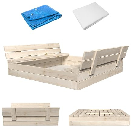 MAMOI® Bac à Sable en Bois | Bac a Sable avec Bache | Bac a Sable en Bois avec Couvercle | Bac à Sable Enfant | Bac à Sable Refermable avec Réservoir d'eau et Jouets (Naturel)