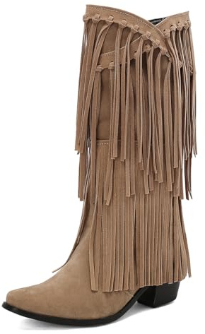 MISSUIT Damen Wildleder Kniehohe Stiefel mit Fransen Blockabsatz Winterstiefel(Beige,42)