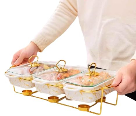 Ceramics Chafing Dish Buffet Set 3 in 1-3x0.9 QT Chafing Dishes for Buffet - Warming Trays for Food - Chafers and Buffet Warmers Sets with Glass Lid for Birthday, Wedding,White