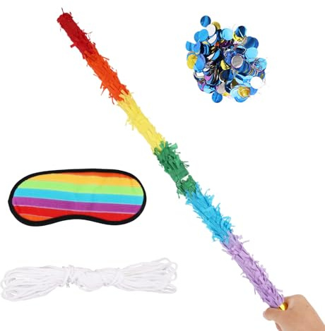 2pcs 29.92in Pinata Sticks, Rainbow Color Unbreakable Pinata Stick with Mask Blindfold Blind Fold Rope & Confetti Fillers for Kids Girls Boys Adults Can Have Fun at Any Party