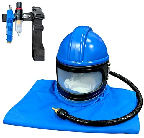 Sandblaster Helmet, Air Feed Sandblasting Safety Helmet, Double-Layer Lens Sand Blast Hood Protector, Sandblasting Suit with Shoulder Protective, Face Shield, Sandblaster Thermostat