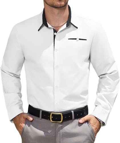 Elainone Chemises pour Hommes Habillées Manches Longues Chemise Idéale pour Le Bureau et Sorties Décontractées Regular Fit Blanc L