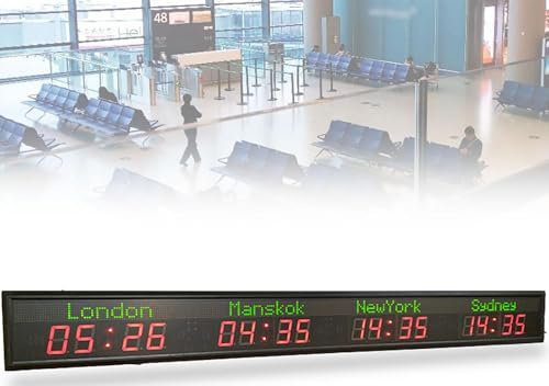 Orologio Mondiale da Parete con 4 Fusi Orari, Grande Orologio Mondiale Digitale A LED, con 2 modalità, Regolazione della Luminosità A 5 Livelli, Distanza di Visualizzazione da 5 A 20 M, per Aeroporti