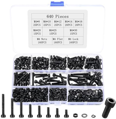 Juego de 640 tornillos M4 negros, tornillos de culata cilíndrica, juegos de tuercas hexagonales, tornillos cilíndricos métricos con hexágono interior y arandelas surtido