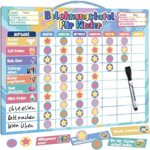Thboxes Belohnungstafel Kinder Magnetisch, Magnettafel mit 90 Aufgaben 420 Sternmagneten und 27 Blankomagnete, Belohnungssystem Kinder Wochenplaner Routine Planer zur Entwicklung guter Gewohnheiten