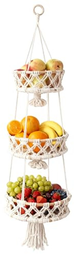 Weciau Obstkorb Hängend, 3 Stöckiger Hängekorb Küche aus Baumwollseil, Handgewebte Obst Etagere Hängend Obstnetz, hängender Wandtasche Organizer Hängekörbe für obst und Gemüse Aufbewahrung