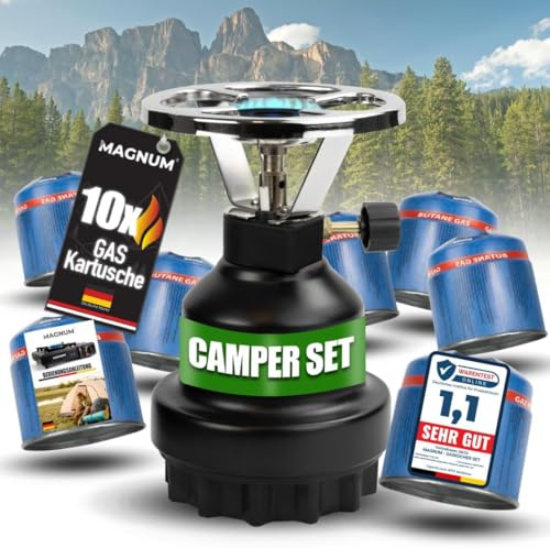 Magnum® Campingkocher inkl. 10 Gaskartuschen - Gaskocher schwarz - Camping Gaskocher stufenlos regulierbar - Gaskocher Camping (10 Kartuschen)