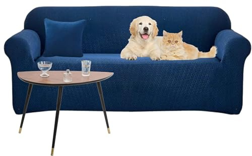Domidekor - Sofa Überzug Dunkelblau - Couch und Sofabezug 3 Sitzer - Sofaüberwurf für Wohnzimmer - Sesselbezug Stretch - Jacquard Elastische Samt Couchbezug - Breite 190-230cm - Oeko-Tex 100