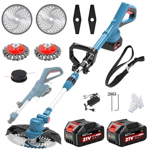 Rasentrimmer für Makita-Akkus mit 4 Klingentypen, Rasentrimmer mit Akku 2 4,0Ah und Unkrautbürste, 180° Faltbar, 750w Bürstenloser Akku Freischneider für Garten Trimming, Blau