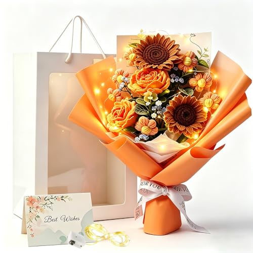 NAVESO Crochet Flowers Bouquet,Knitted Orange Rose and Sunflower Bouquets,Artificial Crochet Flower Bouquet with Gift Bag String Lights Greeting Card for Wife Mothers Day Anniversary Birthday Wedding