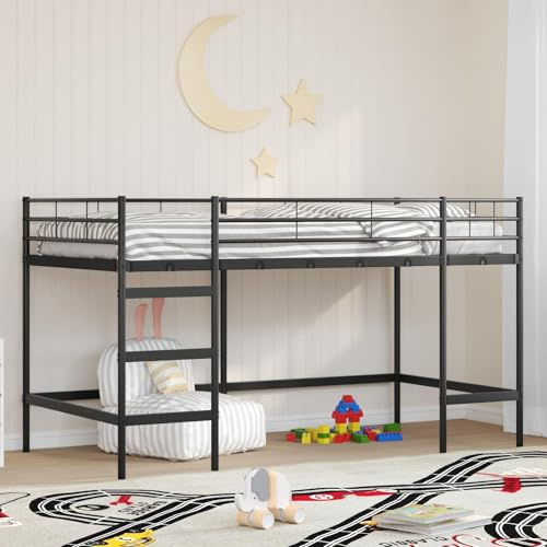 Goyphonic Barnloftsäng svart stål 99,5 x 200 cm robust metallram utrymmesbesparande för barnrum, modern design med vägghuvuddel och enkel montering